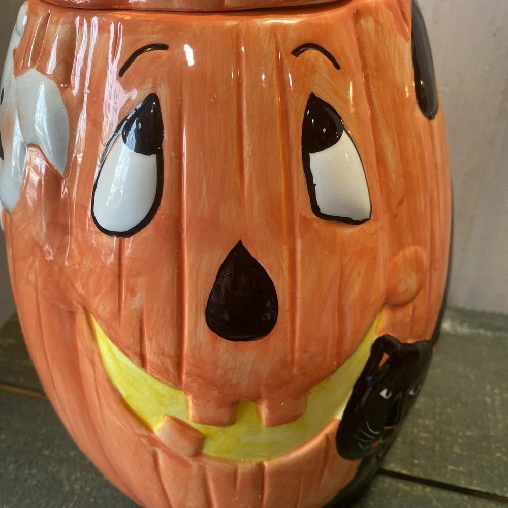 Vintage‎ 90s Ceramic Cookie Jar Halloween Tall Pumpkin Black Cat Ghost Canister